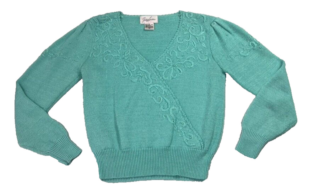 Jaclyn Smith Sweater Womens S Embroidered Turquoise Knit V-Neck Sweater Vintage